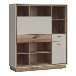 Royse Wooden Bookcase With Fold Out Desk In Grey And Oak