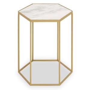 Mekbuda Hexagonal White Marble Top Side Table With Gold Frame - UK