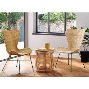 Rybnik Rattan Bistro Set In Natural With 2 Puqi Natural Wing Chairs - UK