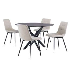 Saga Black Glass Dining Table With 4 Ebele Linen Chairs - UK