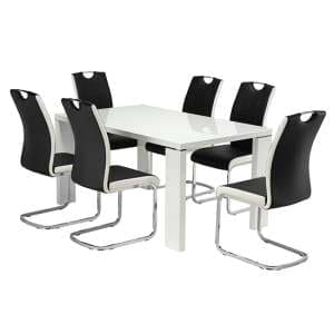 Sako Large Glass White Gloss Dining Table 6 Samson Black Chairs