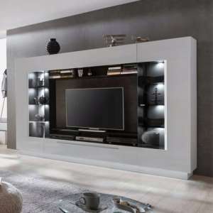 Salina High Gloss Entertainment Unit In White With LED Lighting - UK