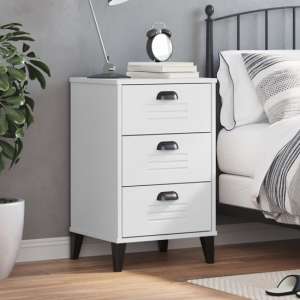 Widnes Wooden Bedside Cabinet With 3 Drawers In White - UK