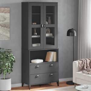 Widnes Wooden Display Cabinet With 2 Drawers In Anthracite Grey - UK