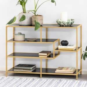 Salvo Wooden Bookcase 4 Shelves In Ash Black With Gold Frame - UK