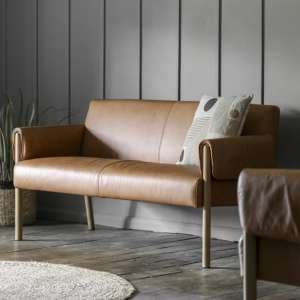 Samana Leather 2 Seater Sofa In Brown With Wooden Legs - UK
