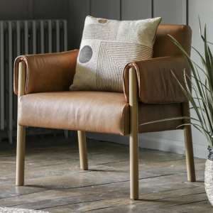 Samana Leather Armchair In Brown With Wooden Legs - UK