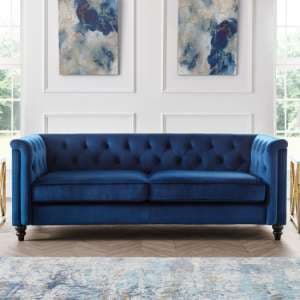 Sadaf Velvet 3 Seater Sofa In Blue - UK
