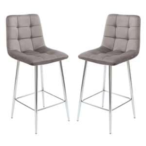 Sandy Squared Grey Velvet Bar Chairs In Pair - UK