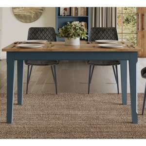 Sanford Wooden Dining Table Rectangular In Blue And Oak - UK