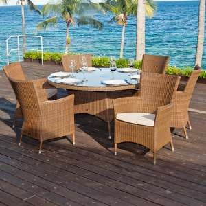 Sanmo Outdoor 1200mm Glass Dining Table 6 Armchairs In Red Pine
