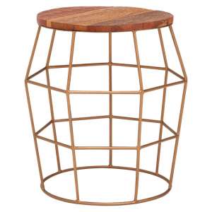 Santorini Round Wooden Side Table With Gold Frame In Natural - UK