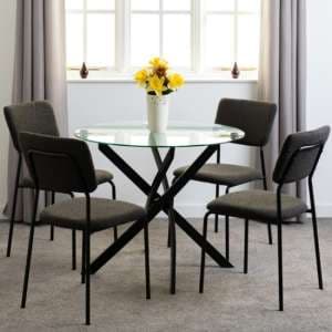 Sanur Clear Glass Dining Table Round With 4 Grey Fabric Chairs - UK
