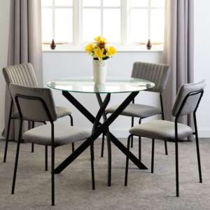 Sanur Clear Glass Dining Table Round With 4 Grey Velvet Chairs - UK