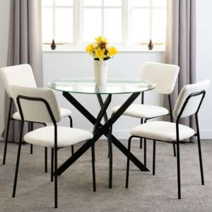 Sanur Clear Glass Dining Table Round With 4 Ivory Fabric Chairs - UK