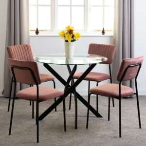 Sanur Clear Glass Dining Table Round With 4 Pink Velvet Chairs - UK