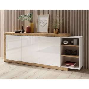 Sanur High Gloss Sideboard Wide 3 Doors In White And Sandal Oak