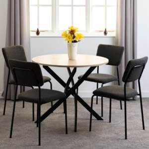 Sanur Sonoma Oak Dining Table Round With 4 Grey Fabric Chairs - UK
