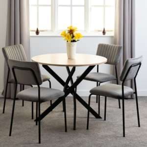 Sanur Sonoma Oak Dining Table Round With 4 Grey Velvet Chairs - UK