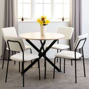 Sanur Sonoma Oak Dining Table Round With 4 Ivory Fabric Chairs - UK
