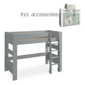 Satria Kids Wooden High Sleeper Bed In Grey With World Tent - UK