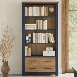 Savona Wooden Large Open Bookcase With 3 Drawers In Blue - UK