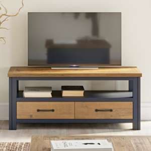 Savona Wooden TV Stand With 2 Drawers In Oak And Blue - UK
