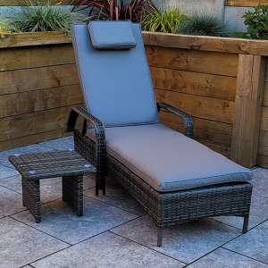 Saxen Weave Sunlounger With Drinks Table In Grey