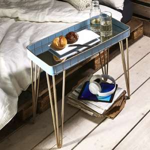 Selma Mirrored Side Table In Blue With Gold Metal Legs - UK