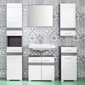 Seon Bathroom Furniture Set In Gloss White And Smoky Silver