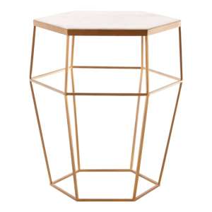 Shalom Hexagonal White Marble Top Side Table With Gold Base - UK