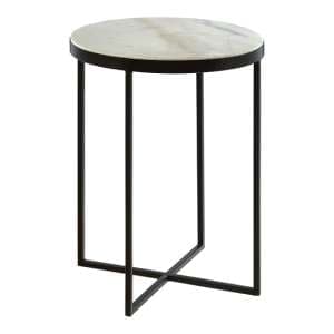 Shalom Round White Marble Top Side Table With Black Cross Legs - UK