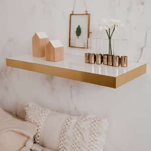 Shelvy Medium Wooden Wall Shelf In White High Gloss And Gold
