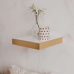 Shelvy Small Wooden Wall Shelf In White High Gloss And Gold