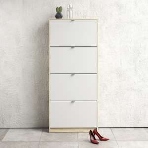Shovy Wooden Shoe Cabinet In White And Oak With 4 Doors 2 Layers