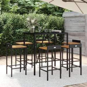 Sierra Solid Wood 7 Piece Garden Bar Set In Black Poly Rattan