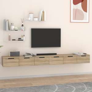 Sierra Wall Hung Wooden TV Stand With 6 Drawers In Sonoma Oak - UK