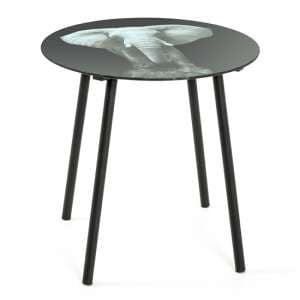 Simons Glass Side Table In Elephant Print With Black Metal Legs