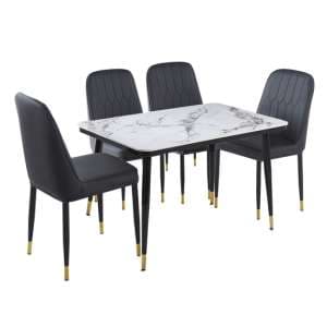 Sion Sintered Stone Dining Table In White 4 Luxor Black Chairs - UK