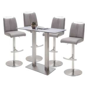Soho Glass Bar Table With 4 Giulia Ice Grey Leather Stools
