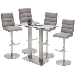 Soho Glass Bar Table With 4 Hiulia Ice Grey Leather Stools