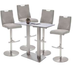 Soho Glass Bar Table With 4 Jiulia Ice Grey Fabric Stools