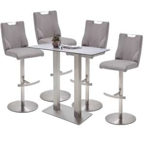 Soho Glass Bar Table With 4 Jiulia Ice Grey Leather Stools