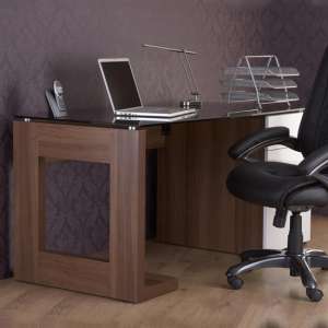 Sorbose Black Glass Top Laptop Desk In Walnut And White - UK