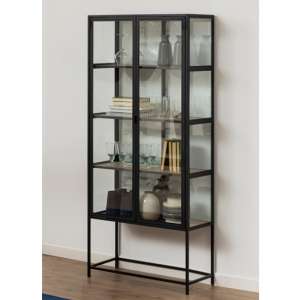 Sparks Oak Wooden 4 Shelves Display Cabinet In Black Frame