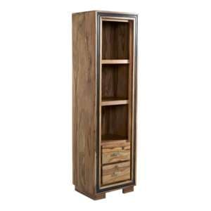 Spica Wooden Slim Bookcase In Natural Sheesham With 2 Drawers