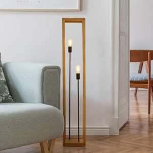 Square 2 Lights Floor Lamp With Wooden Frame