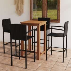 Starla Small Natural Wooden Bar Table With 4 Black Bar Chairs