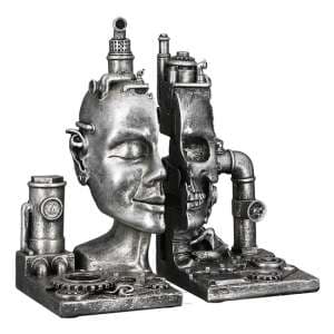 Steampunk Bookend Skull Poly Sculpture In Antique Silver - UK