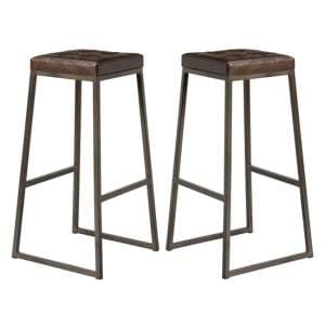 Steeple Raw Metal Frame Brown Faux Leather Bar Stools In Pair - UK